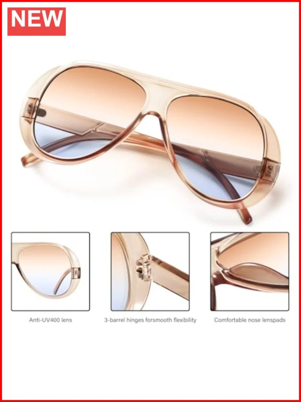 3-Pack Oversized Aviator Sunglasses with UV Protection Tangle-Free Frame